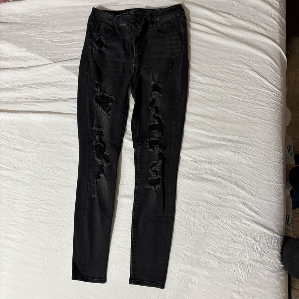 American Eagle Black Distressed Ripped Skinny High Rise Jeans Denim
